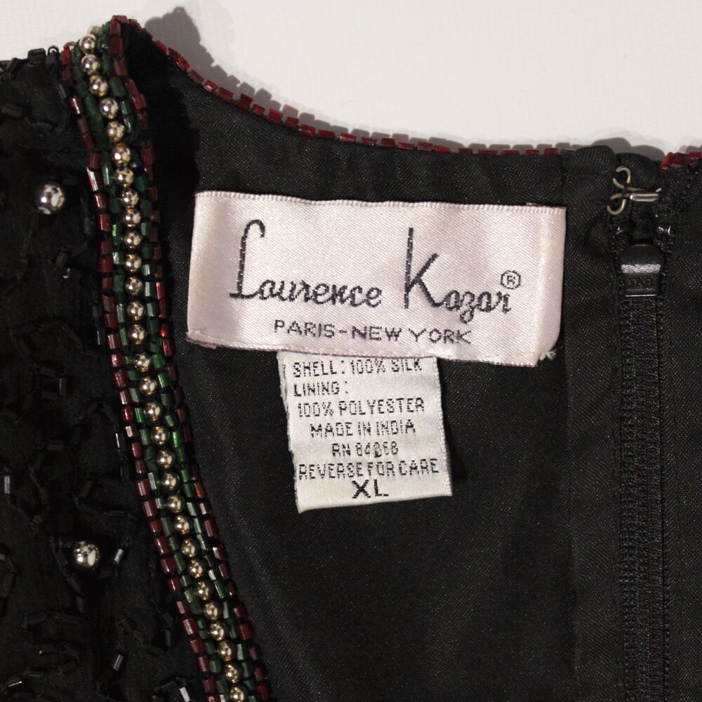 VTG Laurence Kazar 100% Silk Black Bead Sequin Poinsettia Top Christmas Women XL - Picture 5 of 8